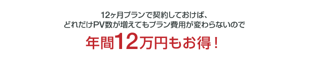 12ヶ月プランで契約しておけば、どれだけPV数が増えてもプラン費用が変わらないので年間12万円もお得!